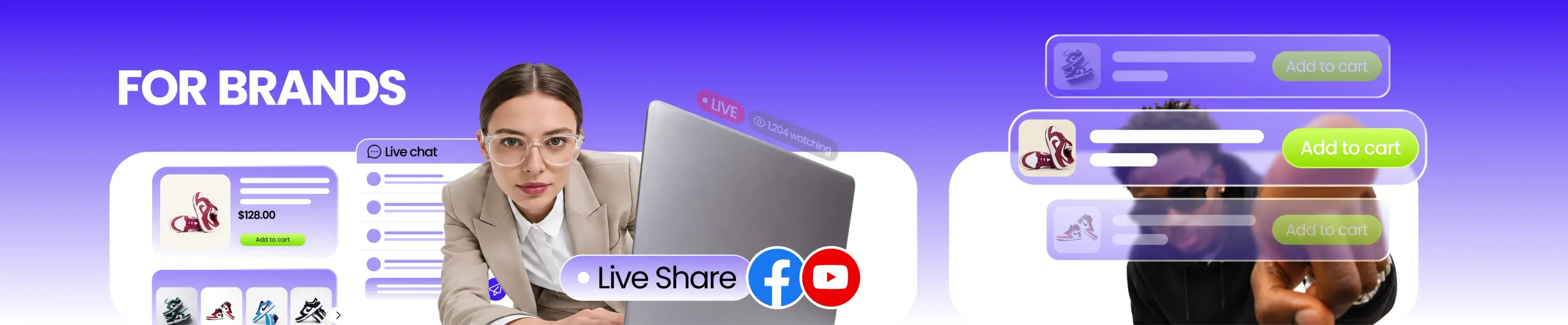 For brands: host presenting a live stream with product cards, live chat, and Facebook and YouTube sharing
